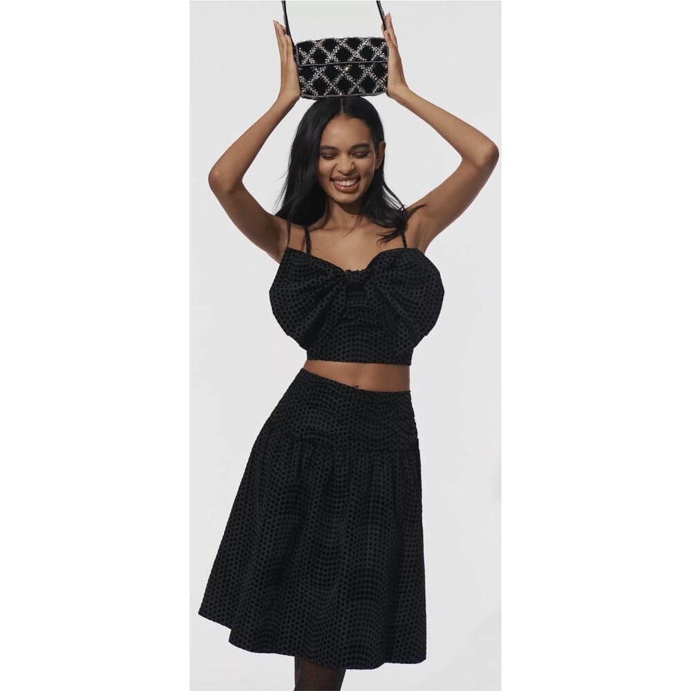 Anthropologie Maeve Taffeta Dot Midi  Skirt Black Sz 10 NWT